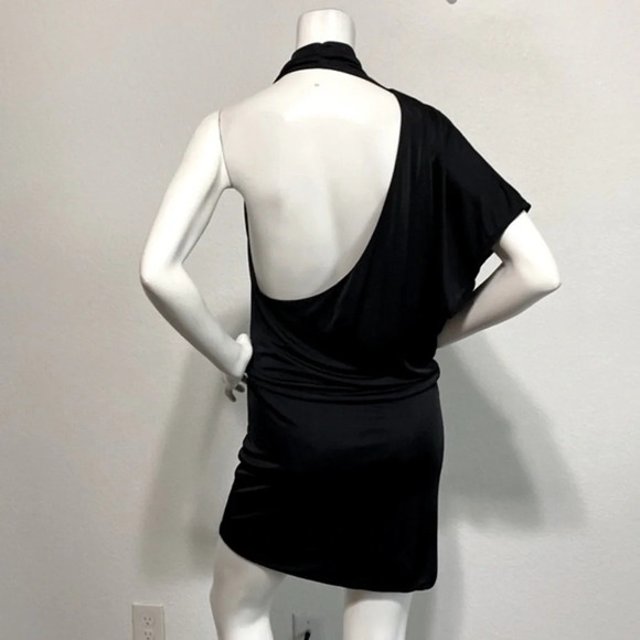 Black Halo Draped Ruched One Shoulder Short Sleeve Halter Mini Dress Size M - Picture 2 of 5